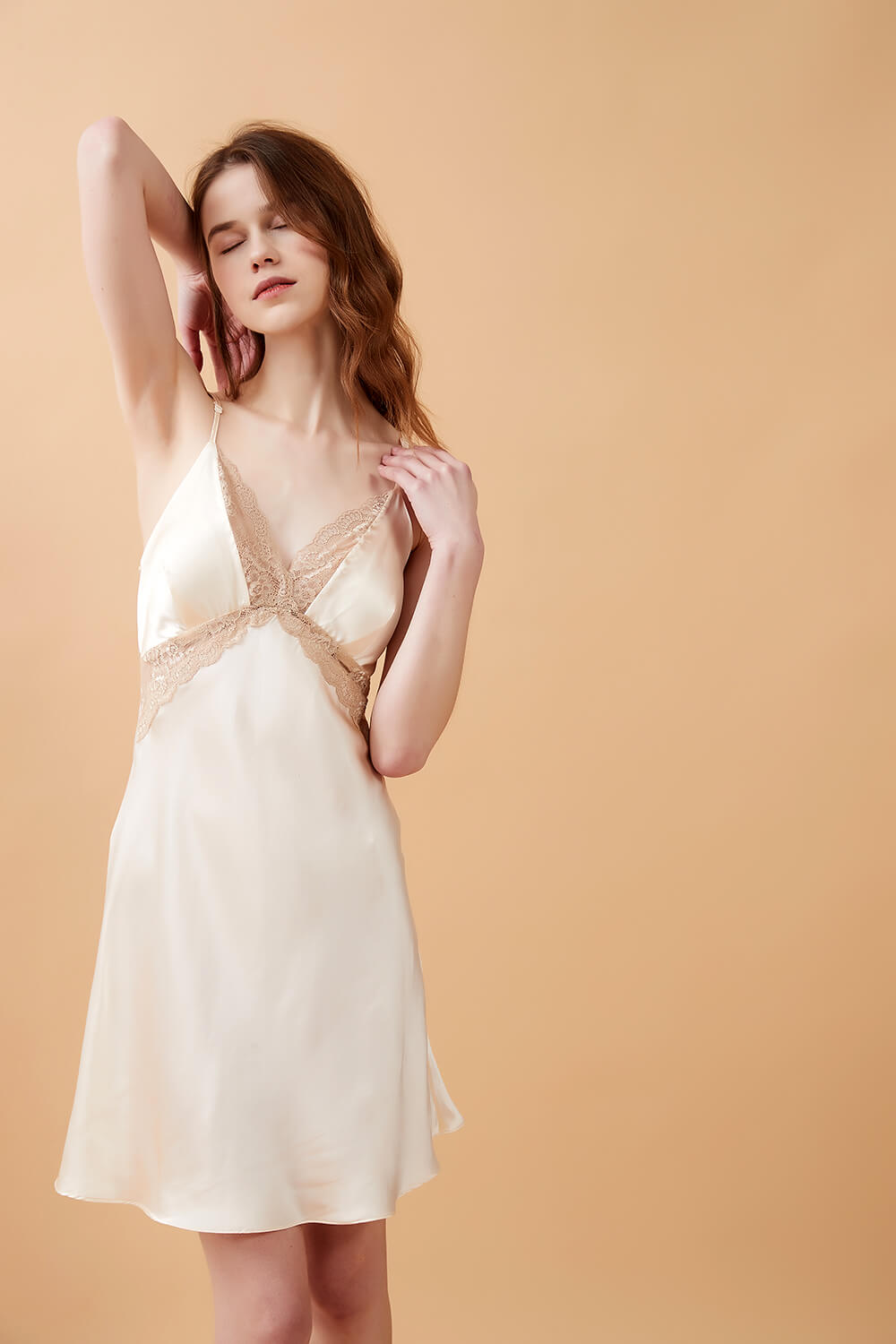 Almond Beige Padded Silk Slip Dress with Lace - BASK™