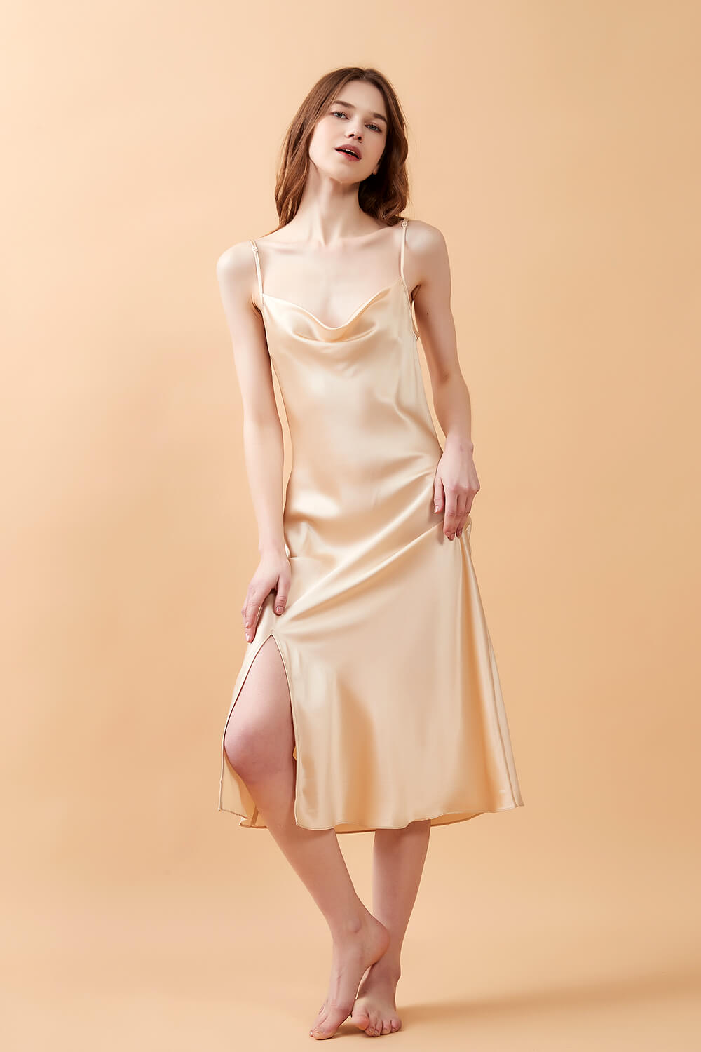 Champagne Gold Silk Cowl Neck Night Dress with Side Slit - BASK™