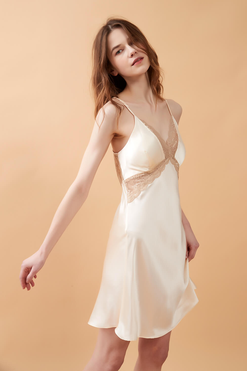 Almond Beige Padded Silk Slip Dress with Lace - BASK™