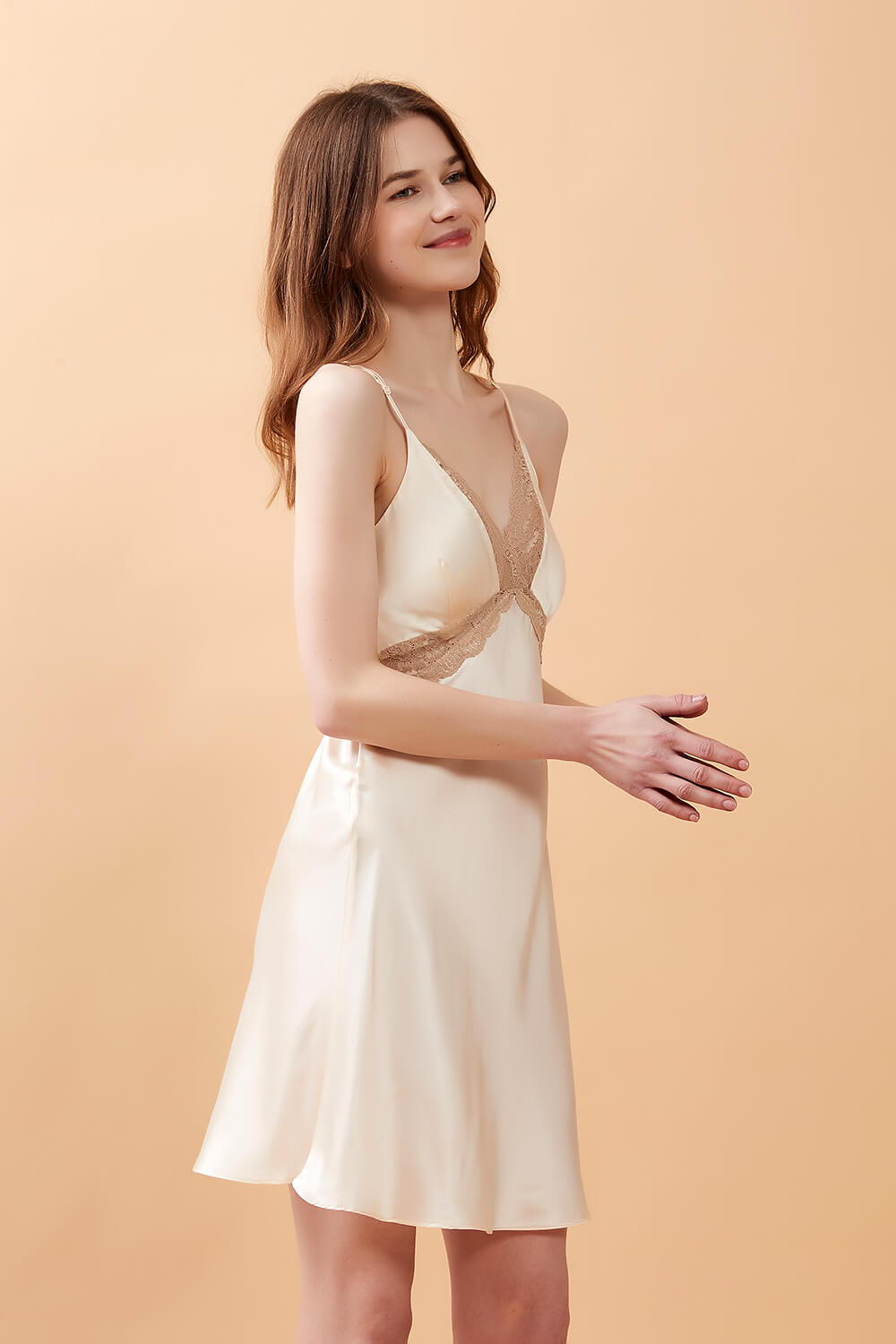 Almond Beige Padded Silk Slip Dress with Lace - BASK™