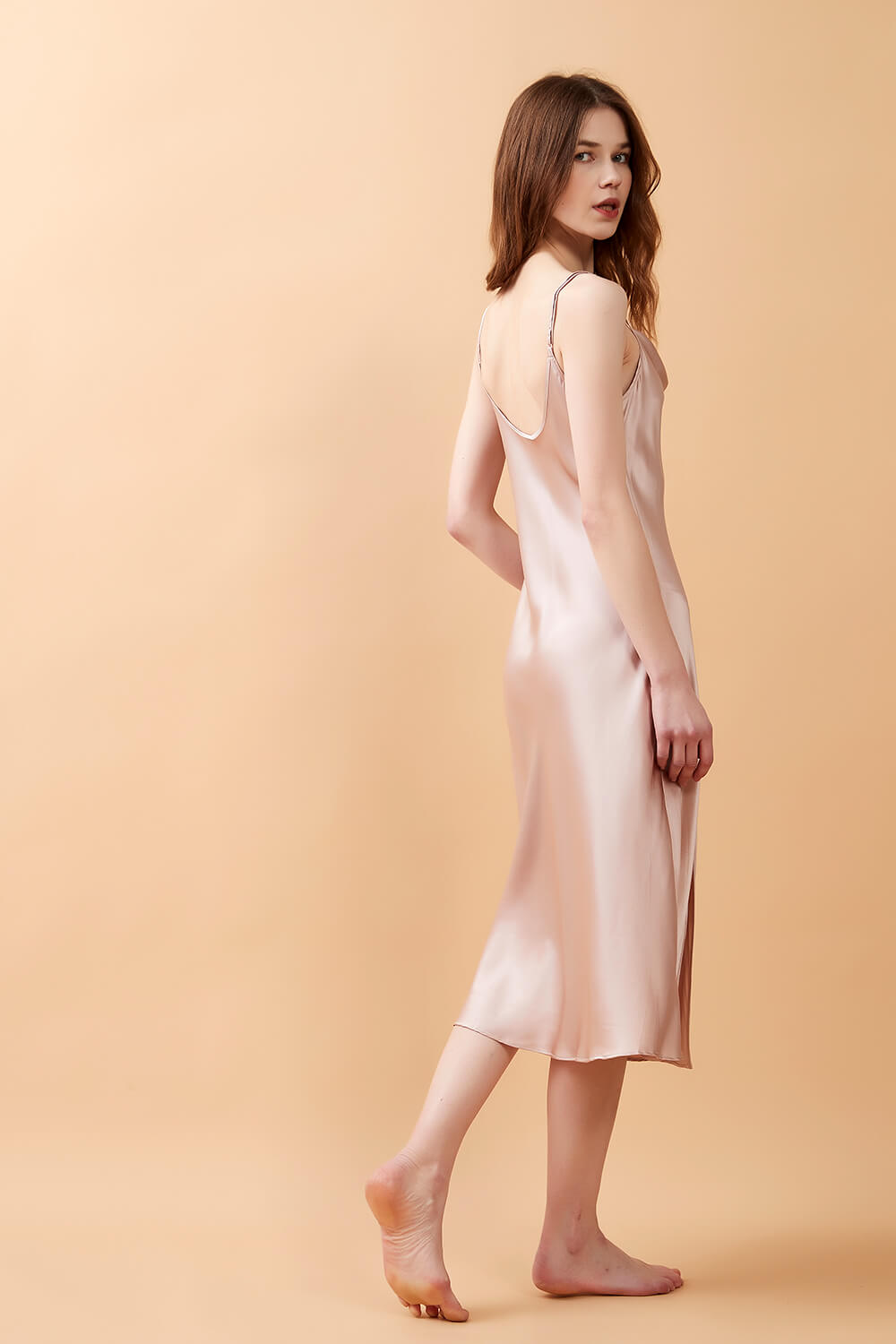 Rose Pink Silk Cowl Neck Night Dress with Side Slit - BASK™