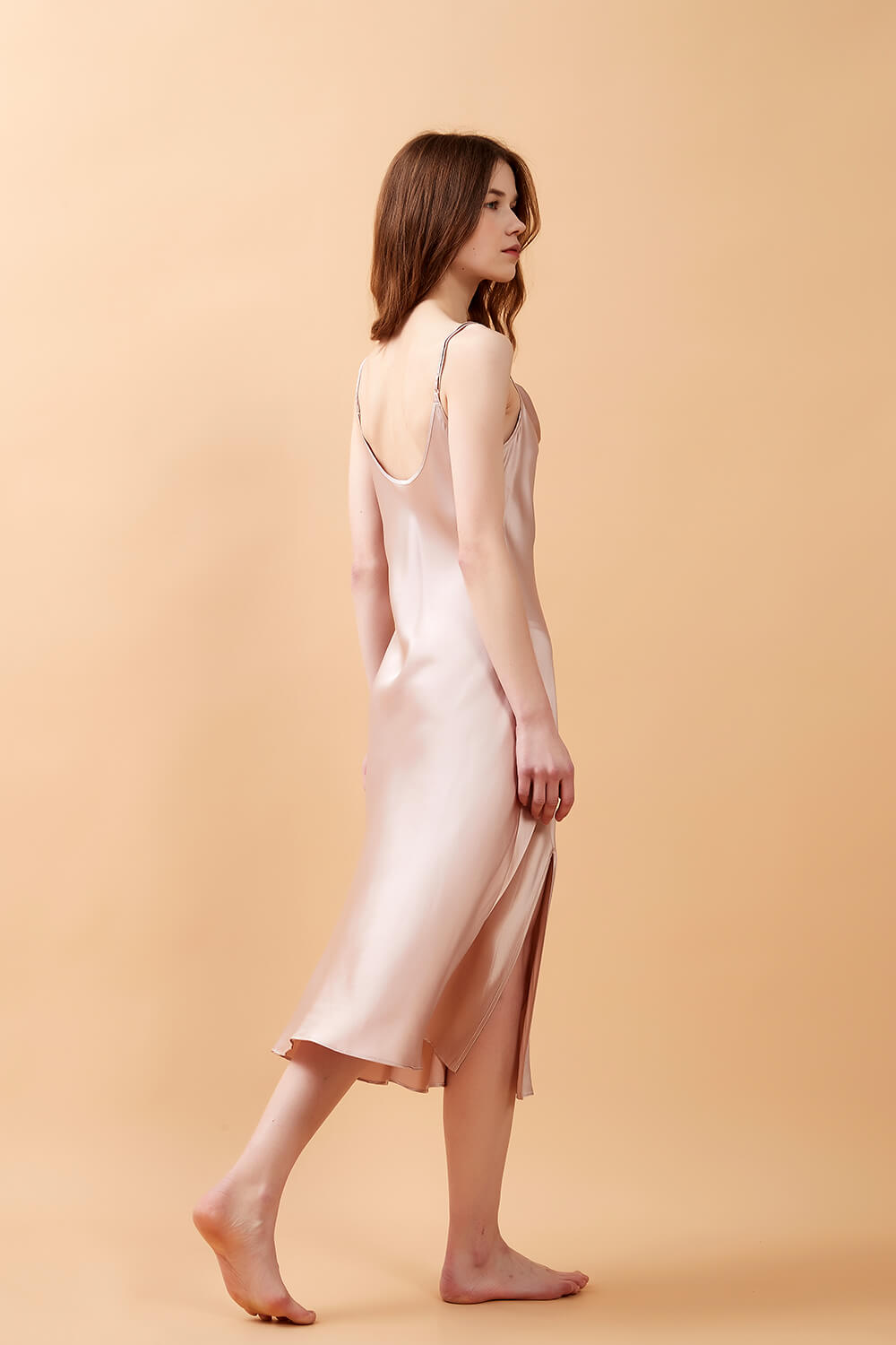 Rose Pink Silk Cowl Neck Night Dress with Side Slit - BASK™
