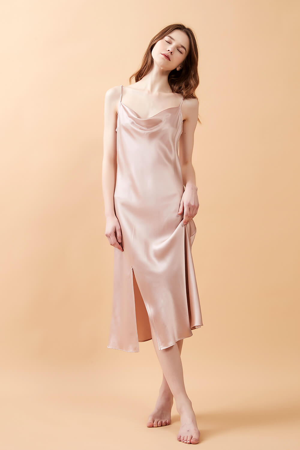 Rose Pink Silk Cowl Neck Night Dress with Side Slit - BASK™