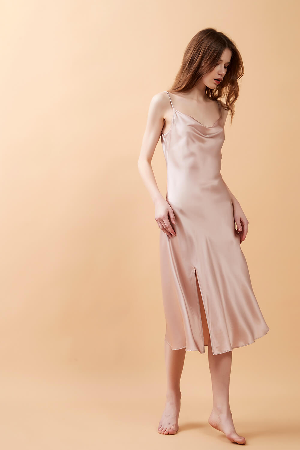 Rose Pink Silk Cowl Neck Night Dress with Side Slit - BASK™