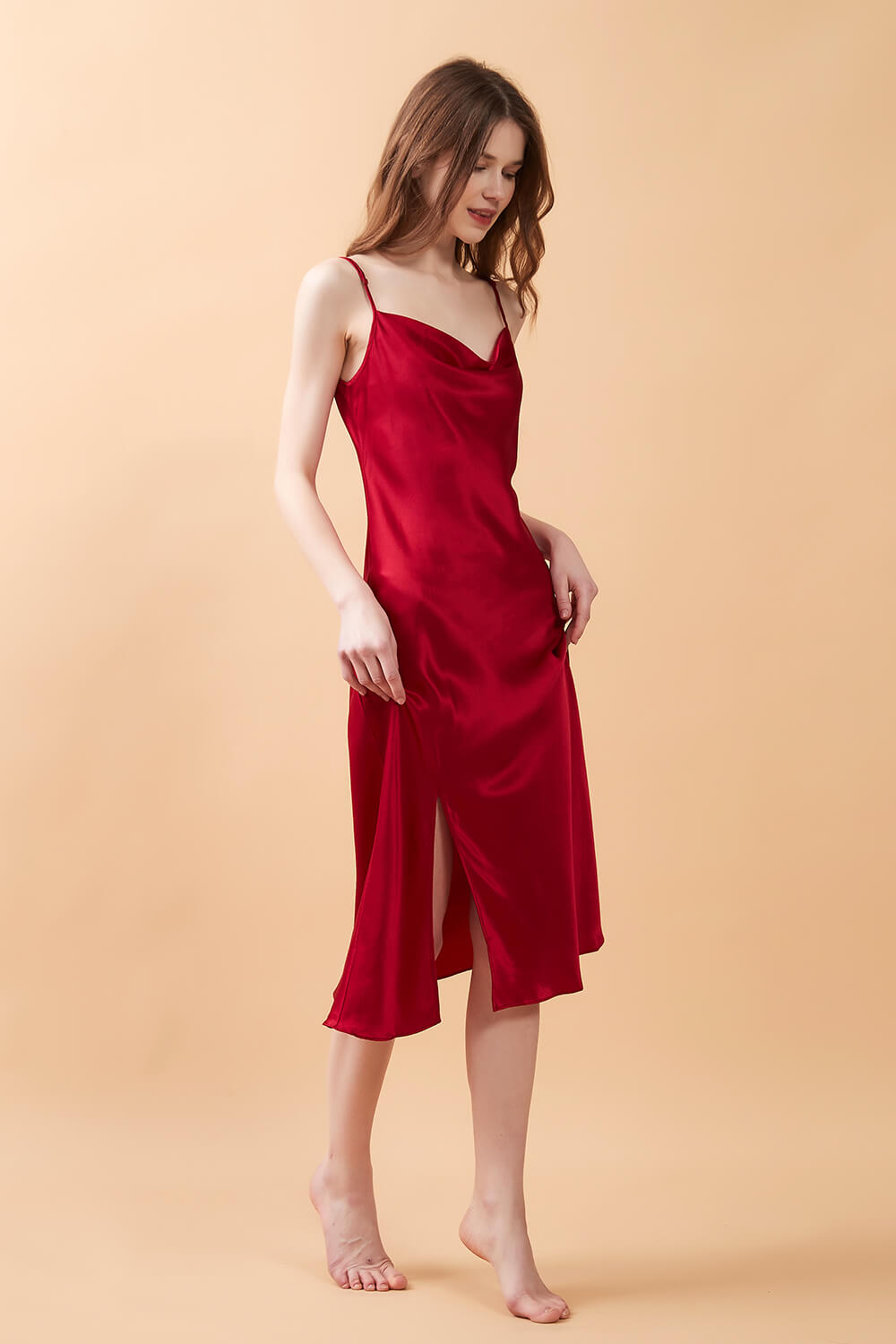 Red Silk Cowl Neck Night Dress with Side Slit - BASK™