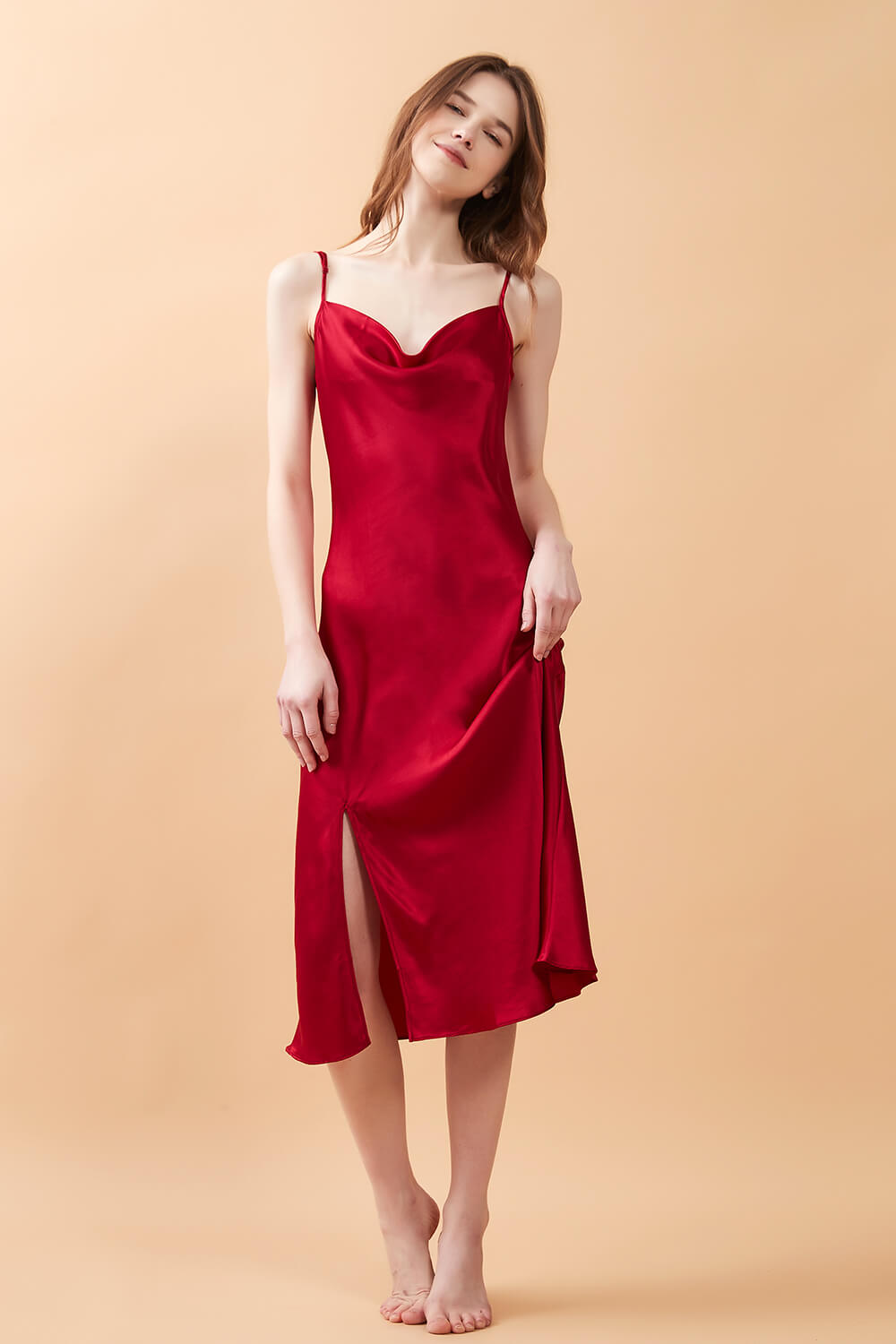 Red Silk Cowl Neck Night Dress with Side Slit - BASK™