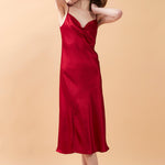 Red Silk Cowl Neck Night Dress with Side Slit - BASK™