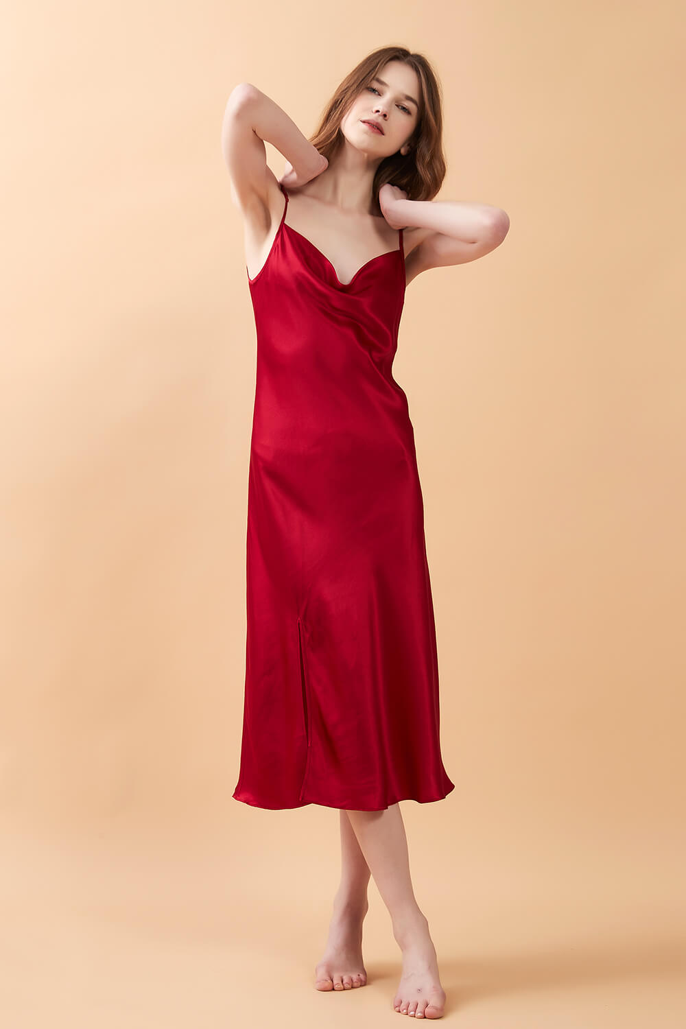 Red Silk Cowl Neck Night Dress with Side Slit - BASK™