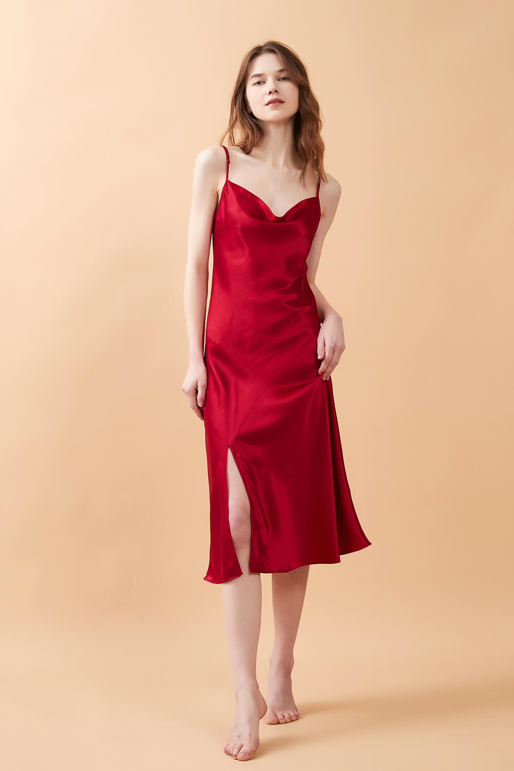 Red Silk Cowl Neck Night Dress with Side Slit - BASK™