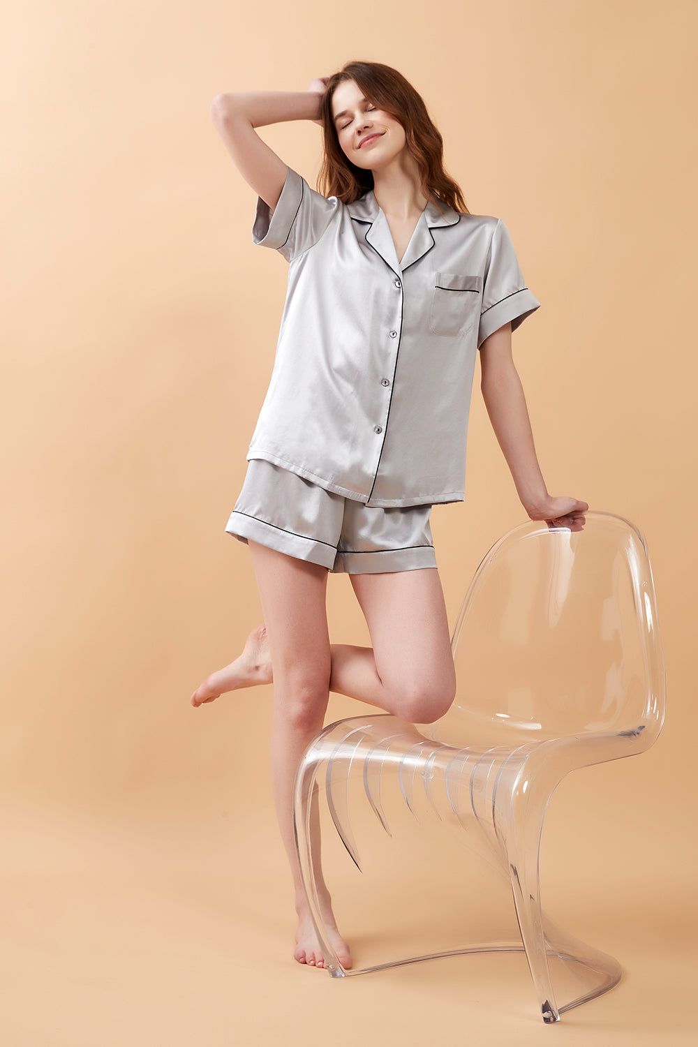 Silver Classic Silk Pajamas Shorts Set - BASK™