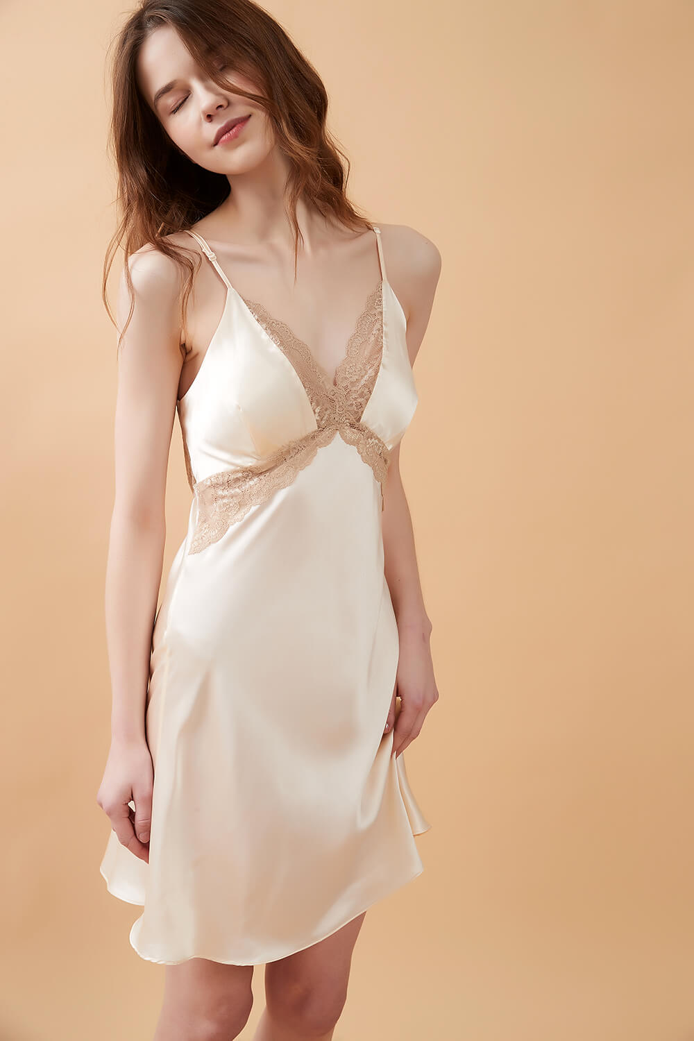 Almond Beige Padded Silk Slip Dress with Lace - BASK™