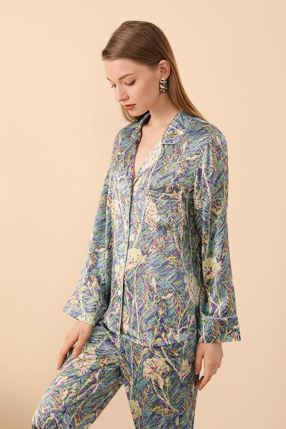 Long Sleeved Silk Pajama Set in Print - BASK™