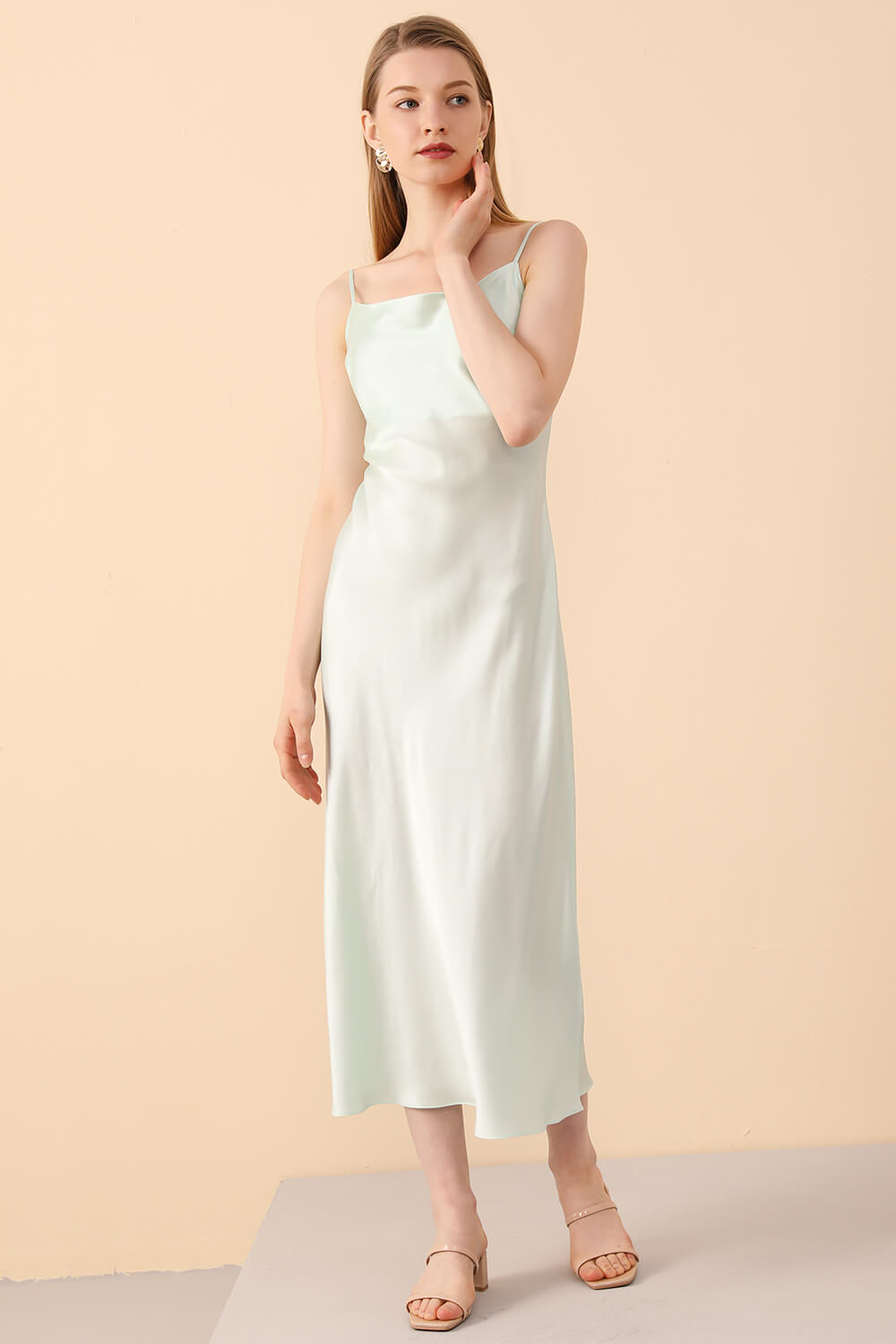 Silk Slip Dress Midi in Mint Green - BASK™