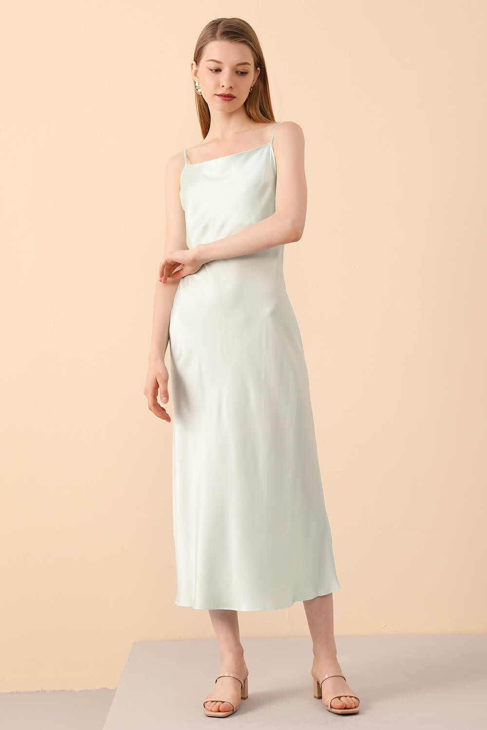 Silk Slip Dress Midi in Mint Green - BASK™