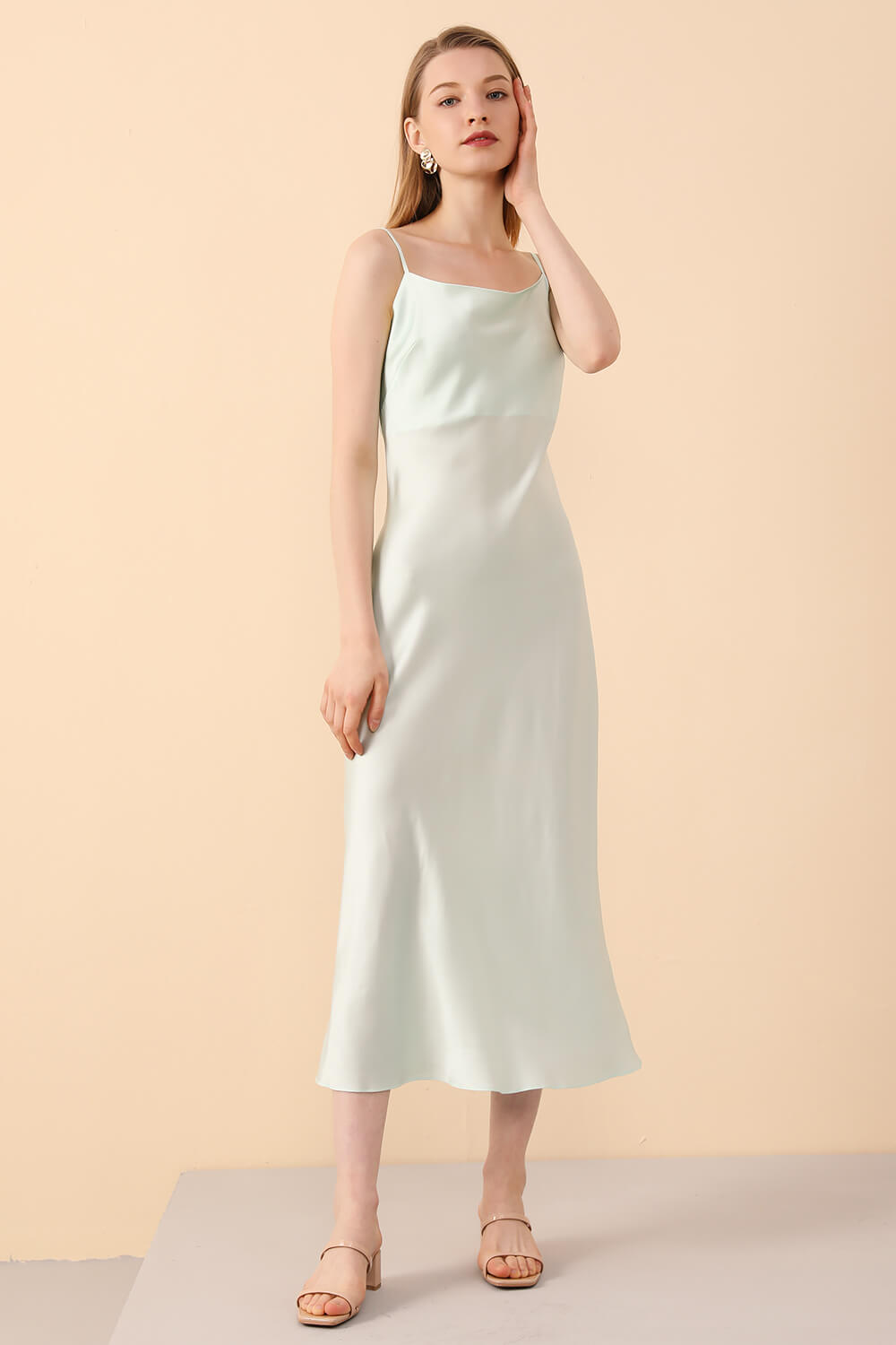 Silk Slip Dress Midi in Mint Green - BASK™