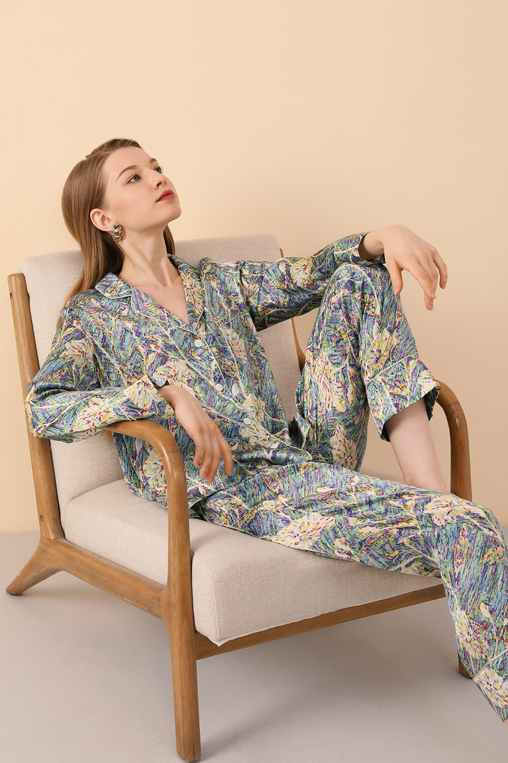 Long Sleeved Silk Pajama Set in Print - BASK™