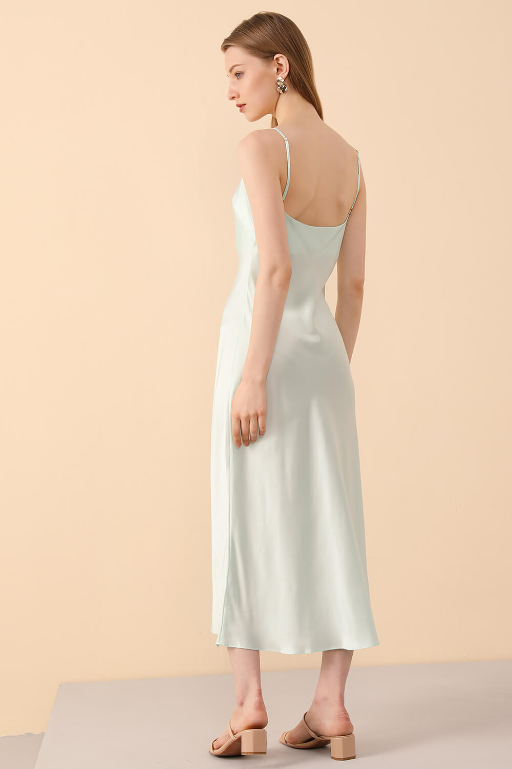 Silk Slip Dress Midi in Mint Green - BASK™