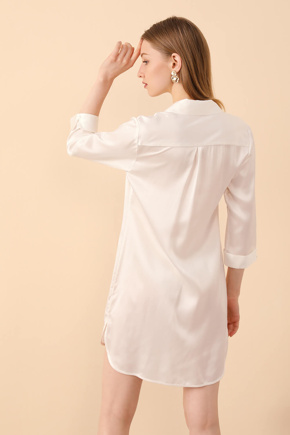 Silk PJs Shirt Dress in White - BASK™