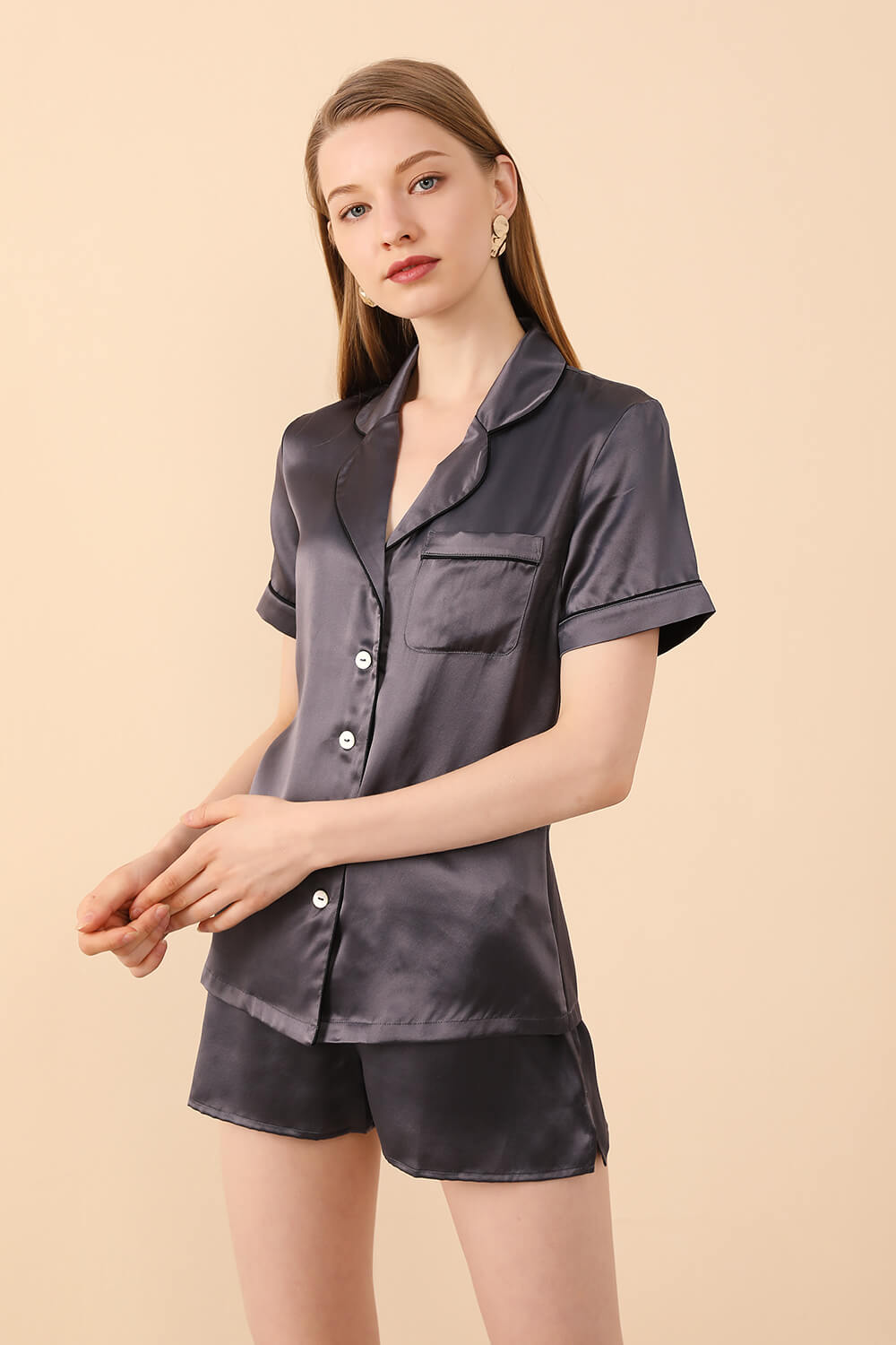 Charcoal Grey Silk Pajamas Shorts Set - BASK™