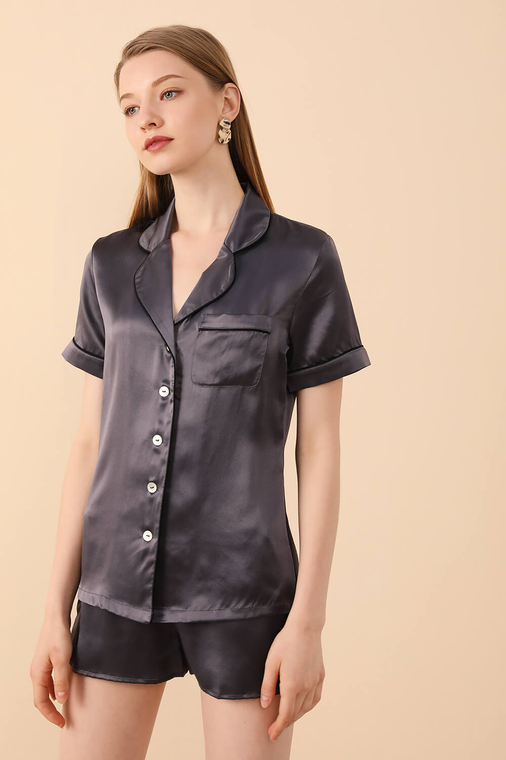 Charcoal Grey Silk Pajamas Shorts Set - BASK™