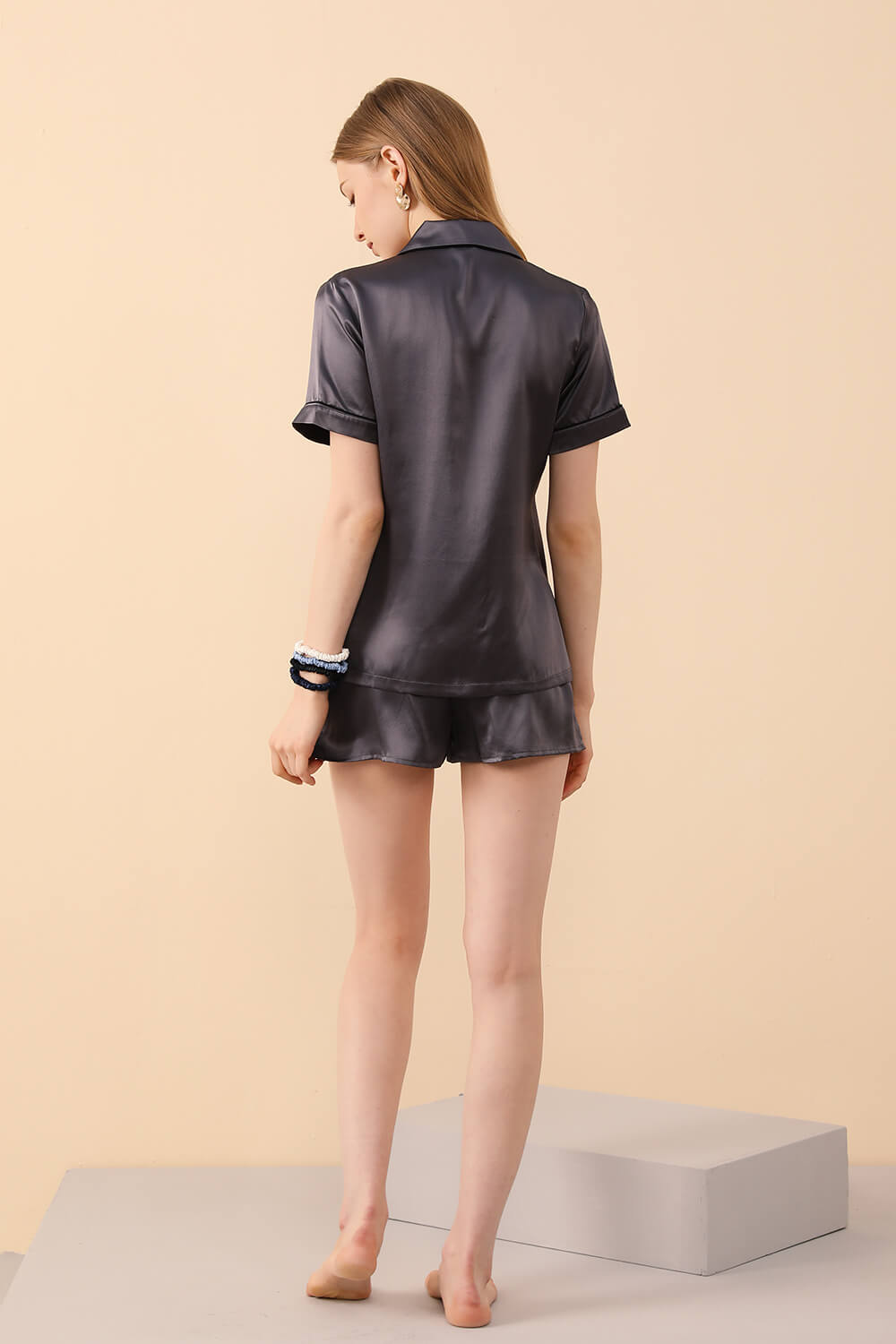 Charcoal Grey Silk Pajamas Shorts Set - BASK™