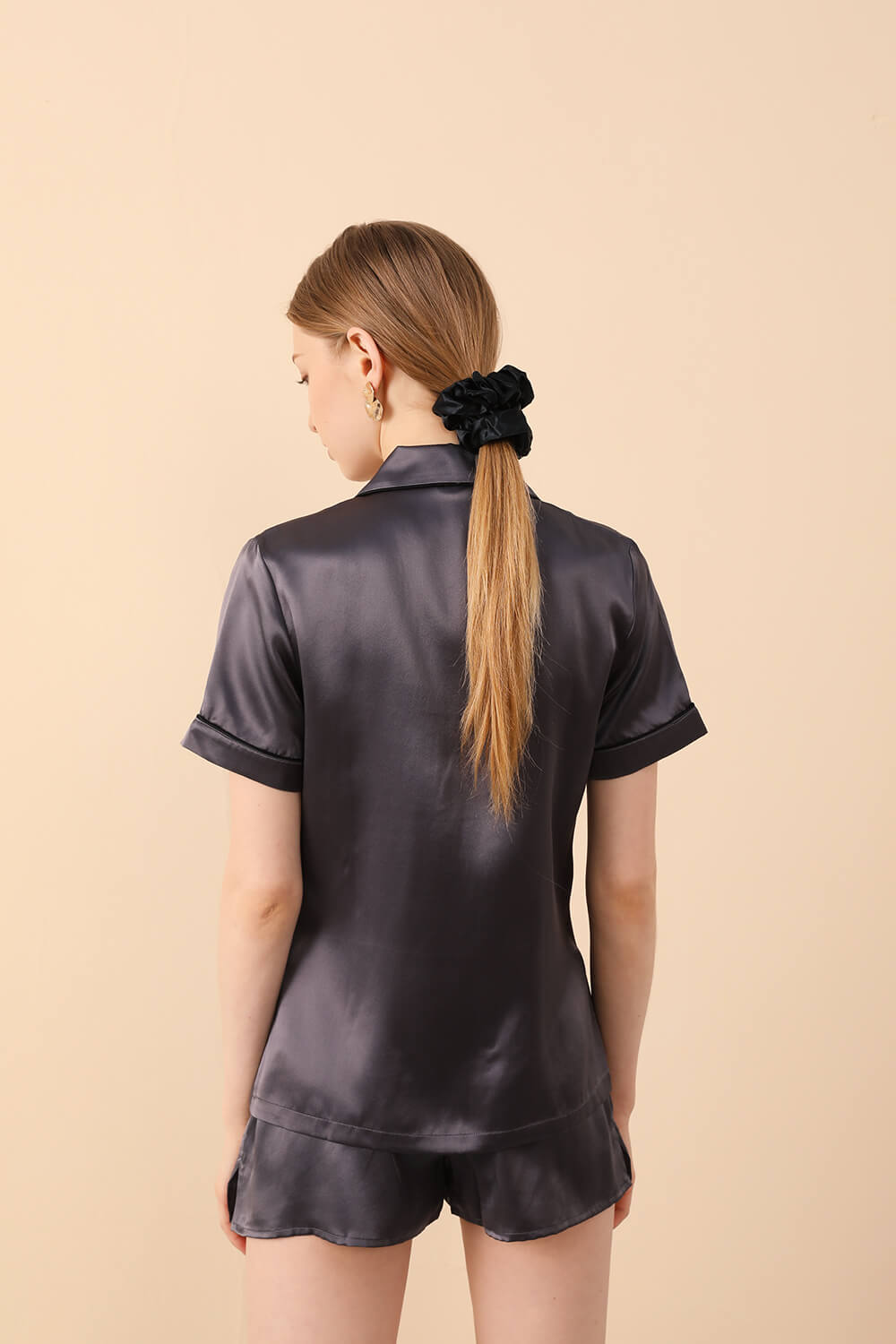 Charcoal Grey Silk Pajamas Shorts Set - BASK™
