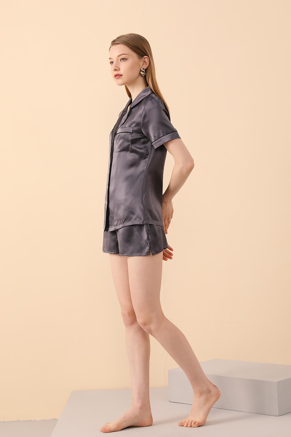Charcoal Grey Silk Pajamas Shorts Set - BASK™