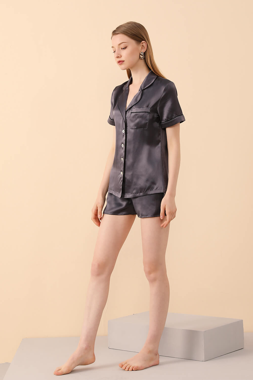 Charcoal Grey Silk Pajamas Shorts Set - BASK™