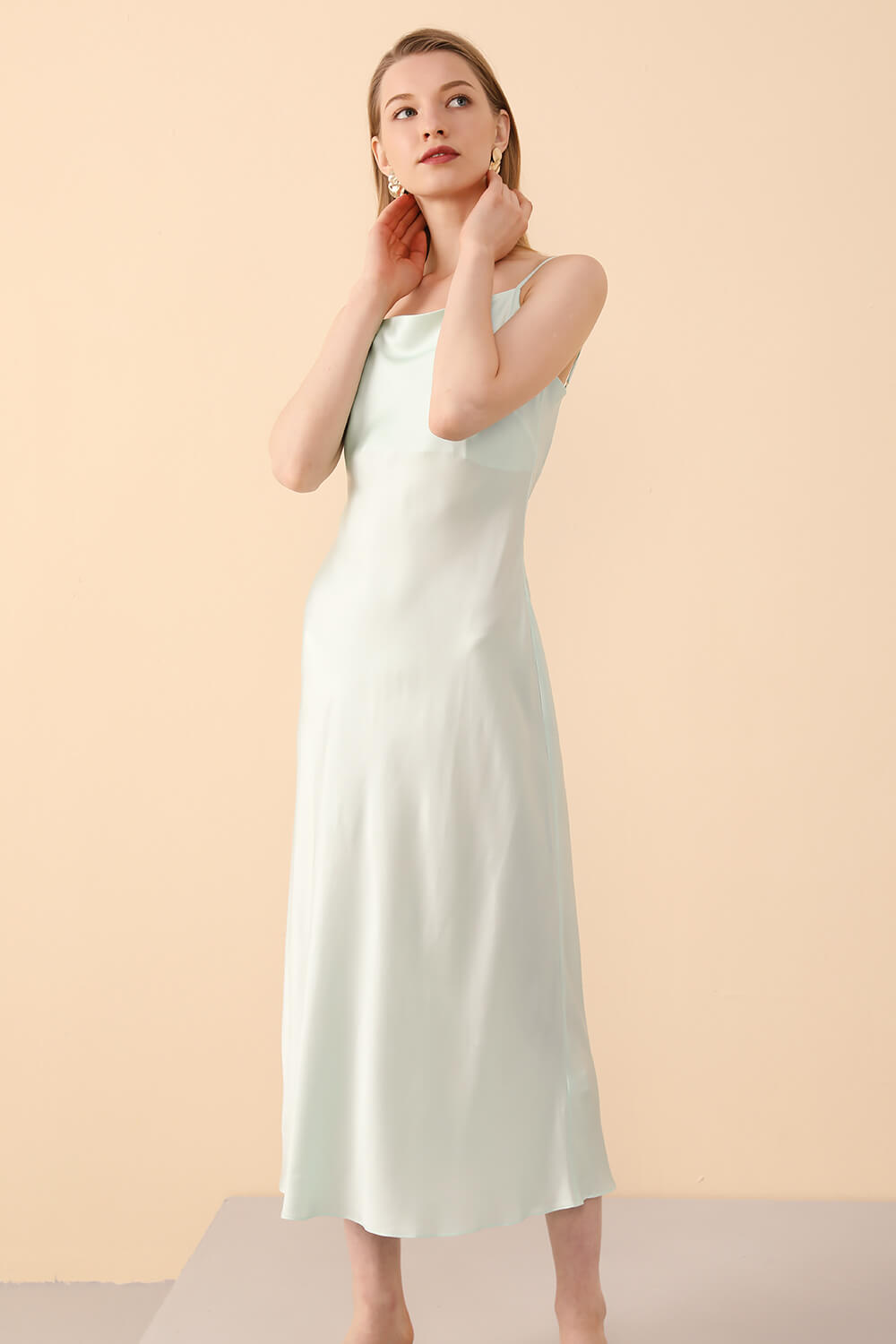 Silk Slip Dress Midi in Mint Green - BASK™