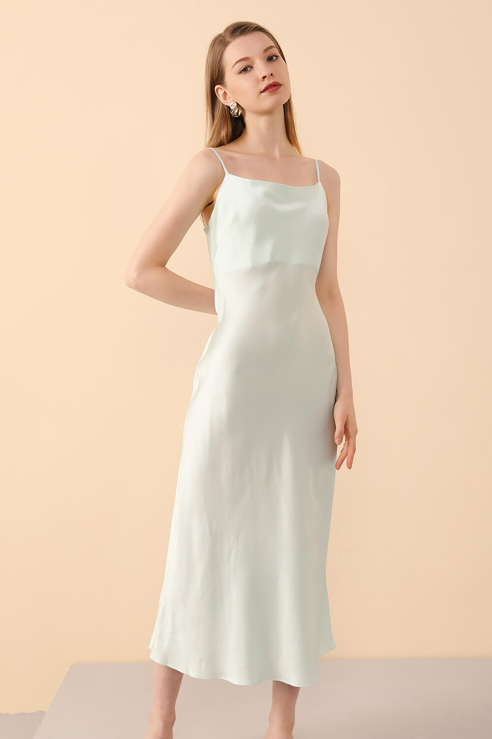 Silk Slip Dress Midi in Mint Green - BASK™