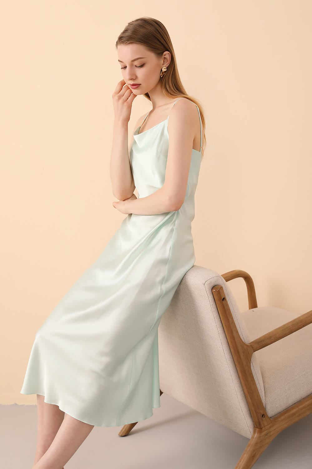 Silk Slip Dress Midi in Mint Green - BASK™