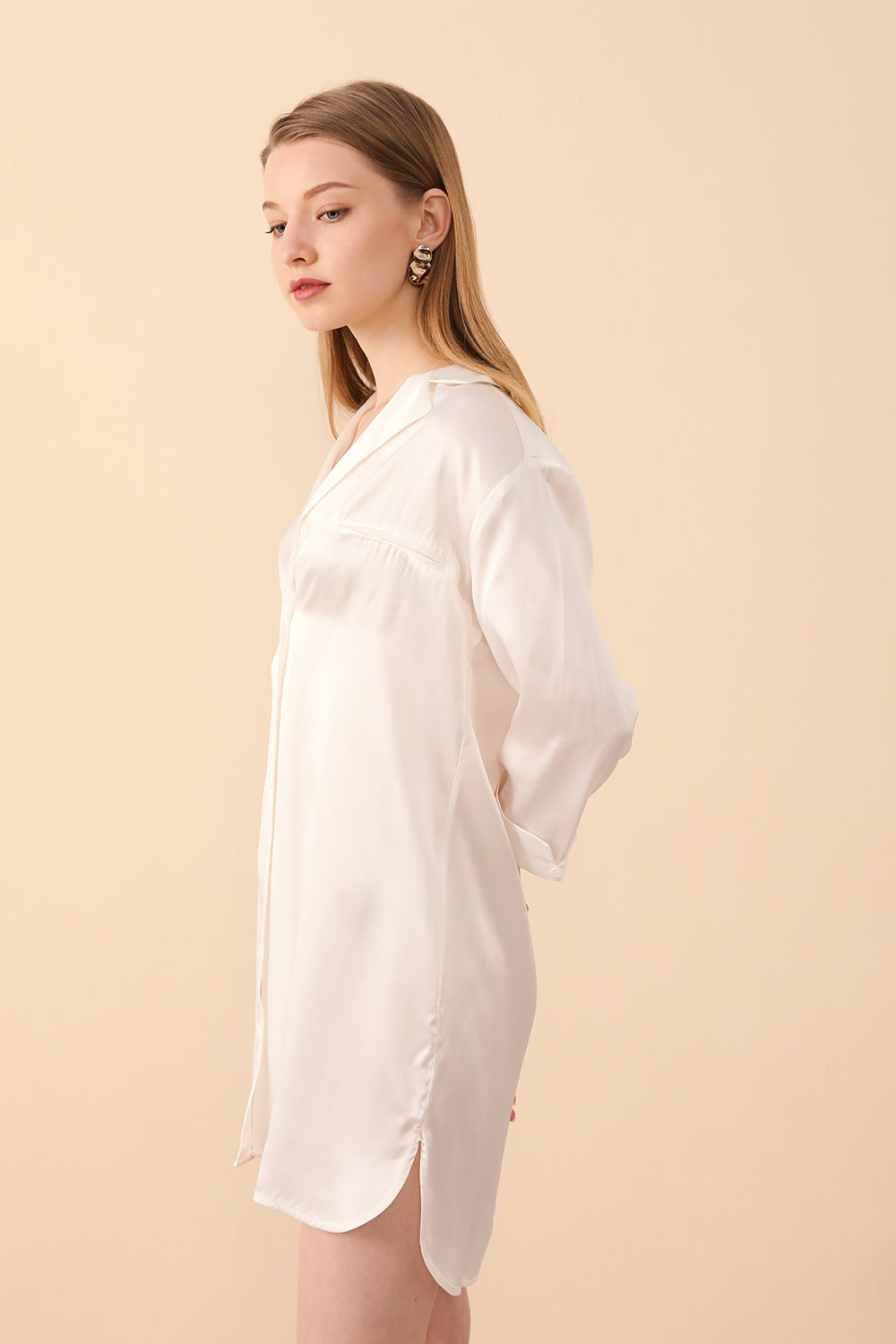 Silk PJs Shirt Dress in White - BASK™