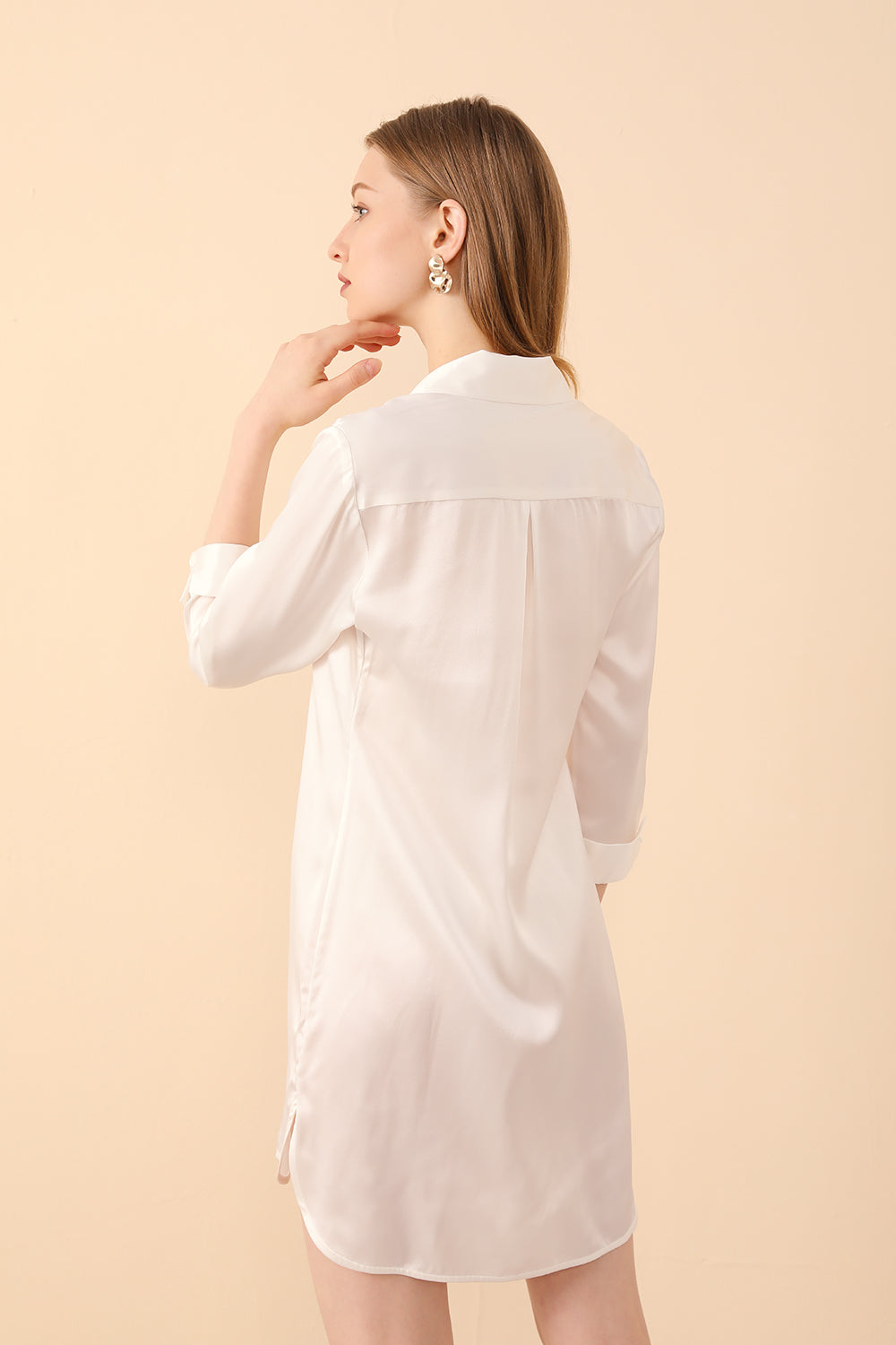 Silk PJs Shirt Dress in White - BASK™