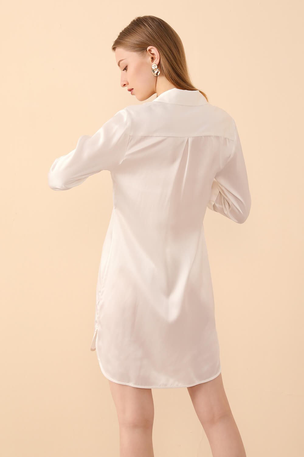 Silk PJs Shirt Dress in White - BASK™