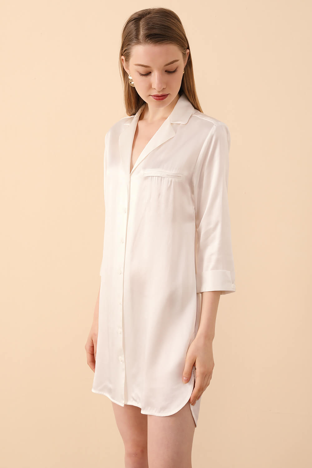 Silk PJs Shirt Dress in White - BASK™