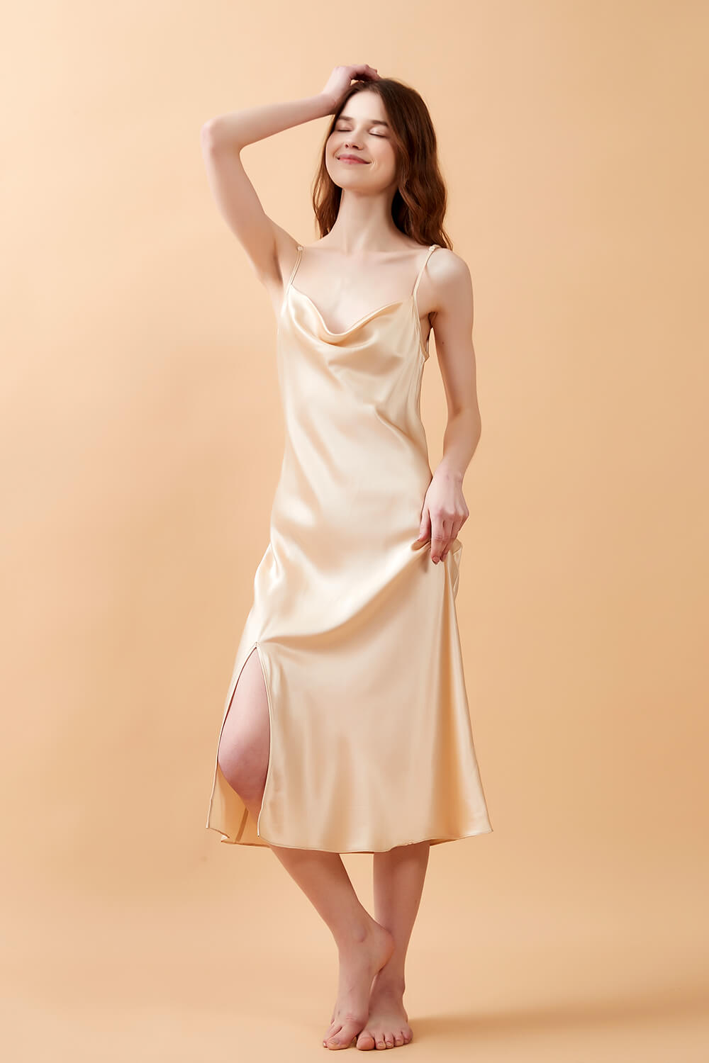 Champagne Gold Silk Cowl Neck Night Dress with Side Slit - BASK™