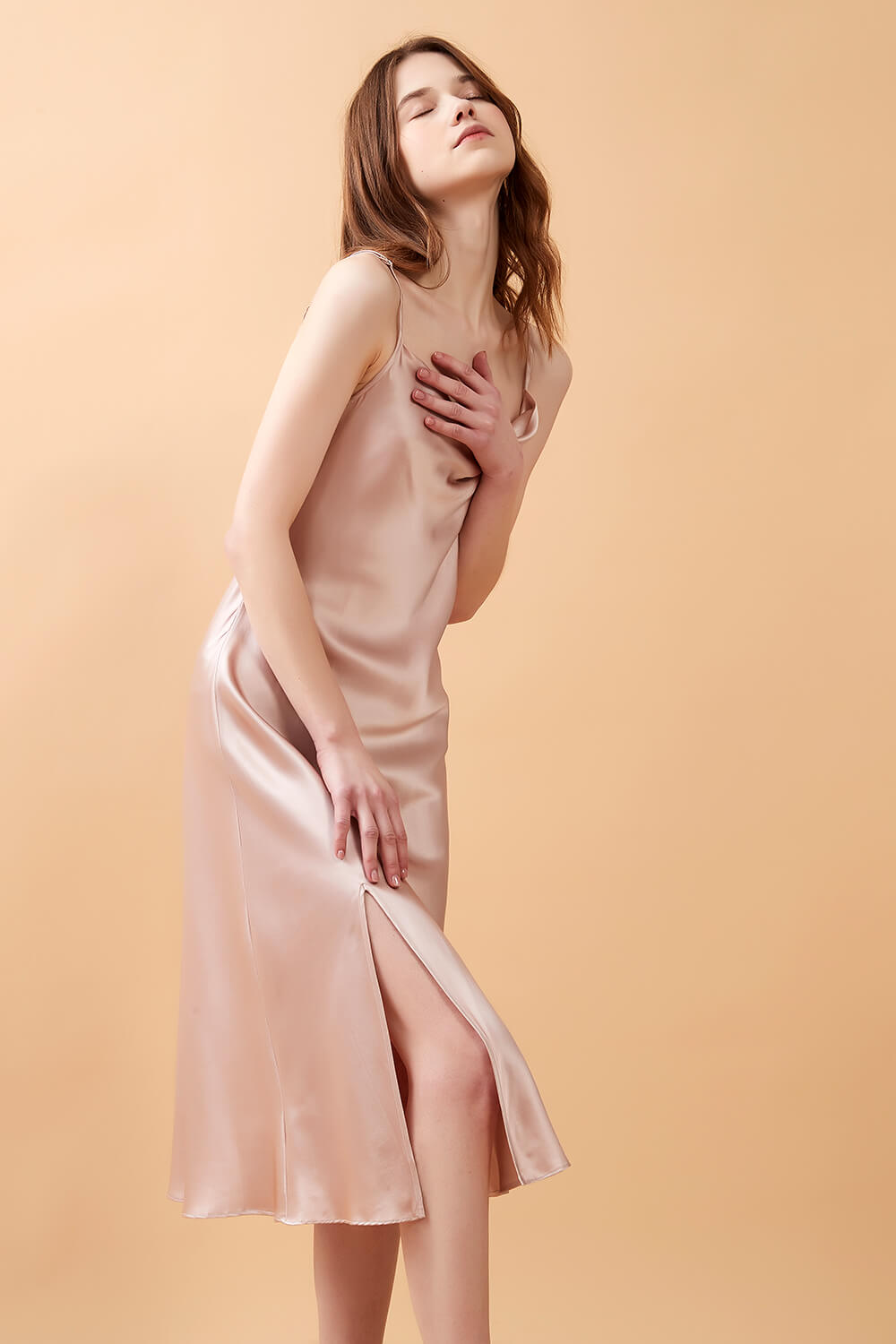 Rose Pink Silk Cowl Neck Night Dress with Side Slit - BASK™