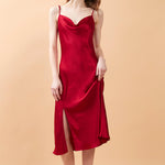 Red Silk Cowl Neck Night Dress with Side Slit - BASK™