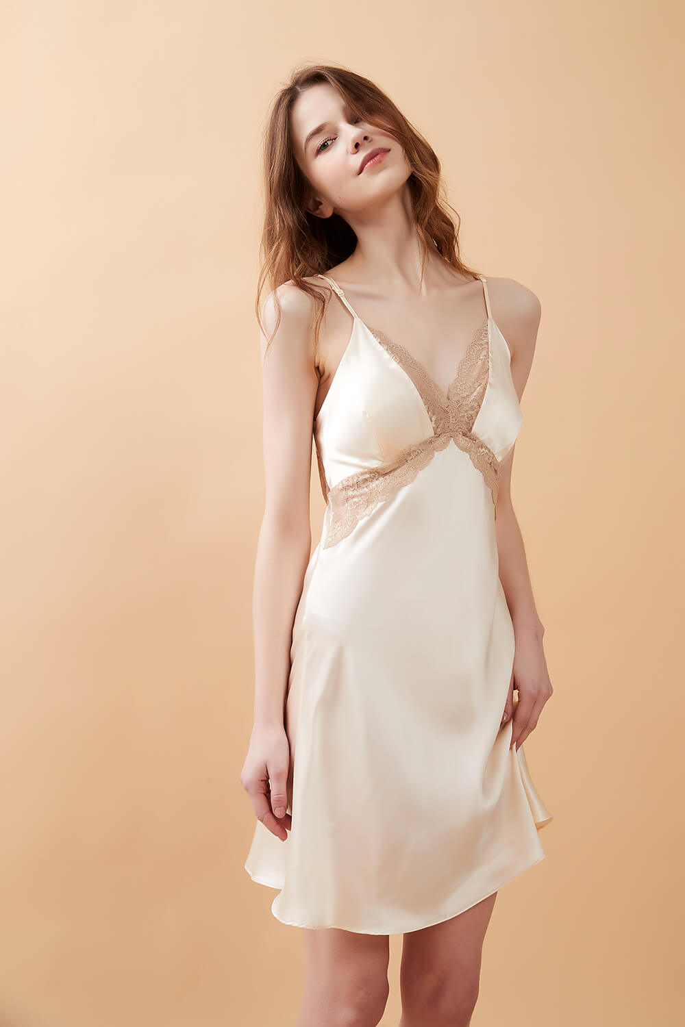 Almond Beige Padded Silk Slip Dress with Lace - BASK™