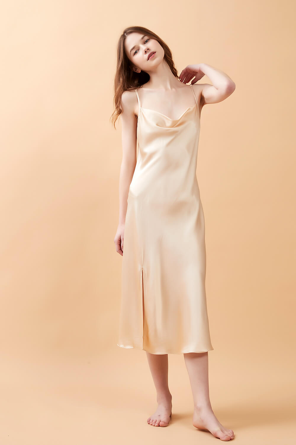 Champagne Gold Silk Cowl Neck Night Dress with Side Slit - BASK™