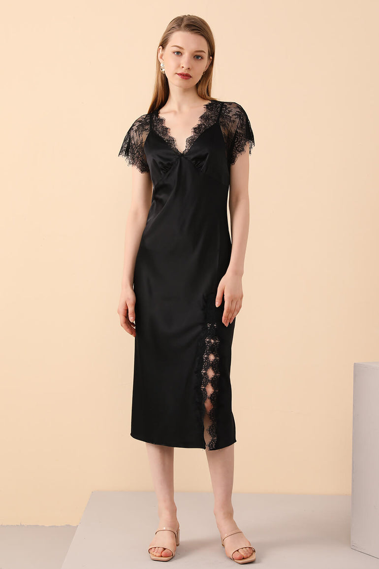 Black Silk Sleepwear with Lace Trims - BASK ™