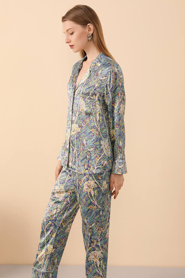 Long Sleeved Silk Pajama Set in Print - BASK ™