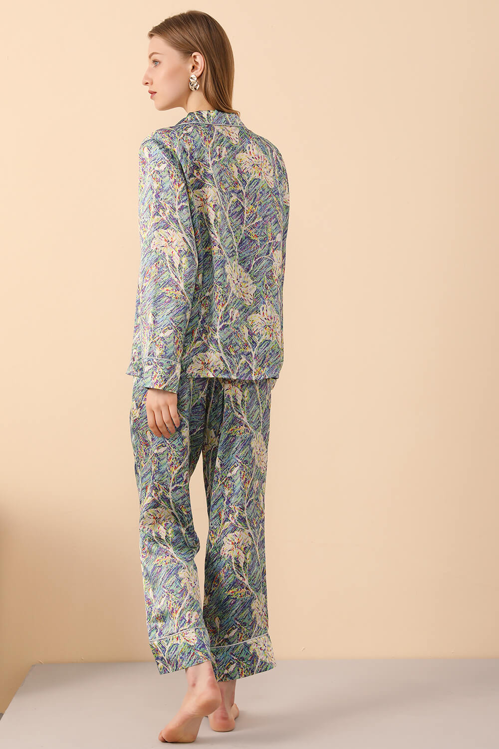 Long Sleeved Silk Pajama Set in Print - BASK ™