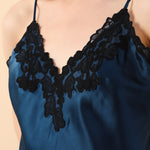 Silk Pajamas with Embroidered Lace Motifs in Midnight Blue - BASK™