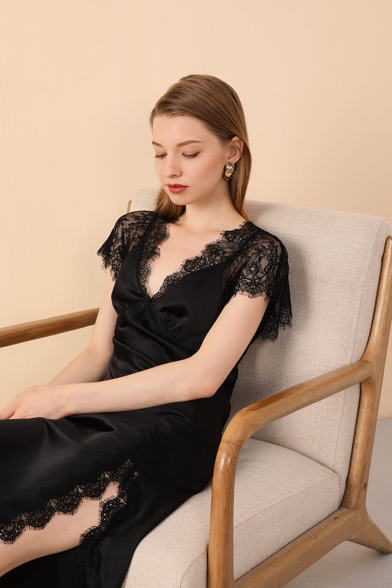 Black Silk Sleepwear with Lace Trims - BASK ™