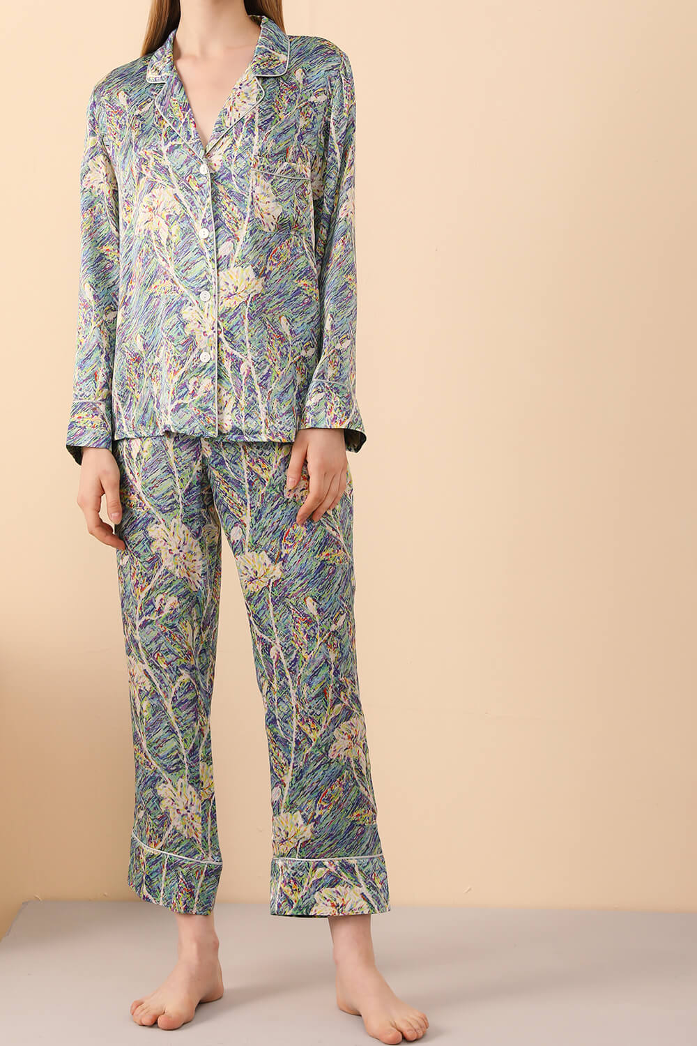Long Sleeved Silk Pajama Set in Print - BASK ™